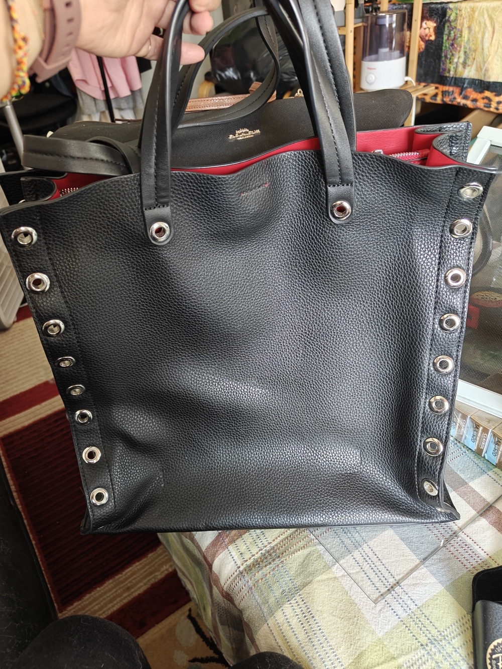 Zara Black Pebbled Tote with Silver Grommet Trim and Red Interior
